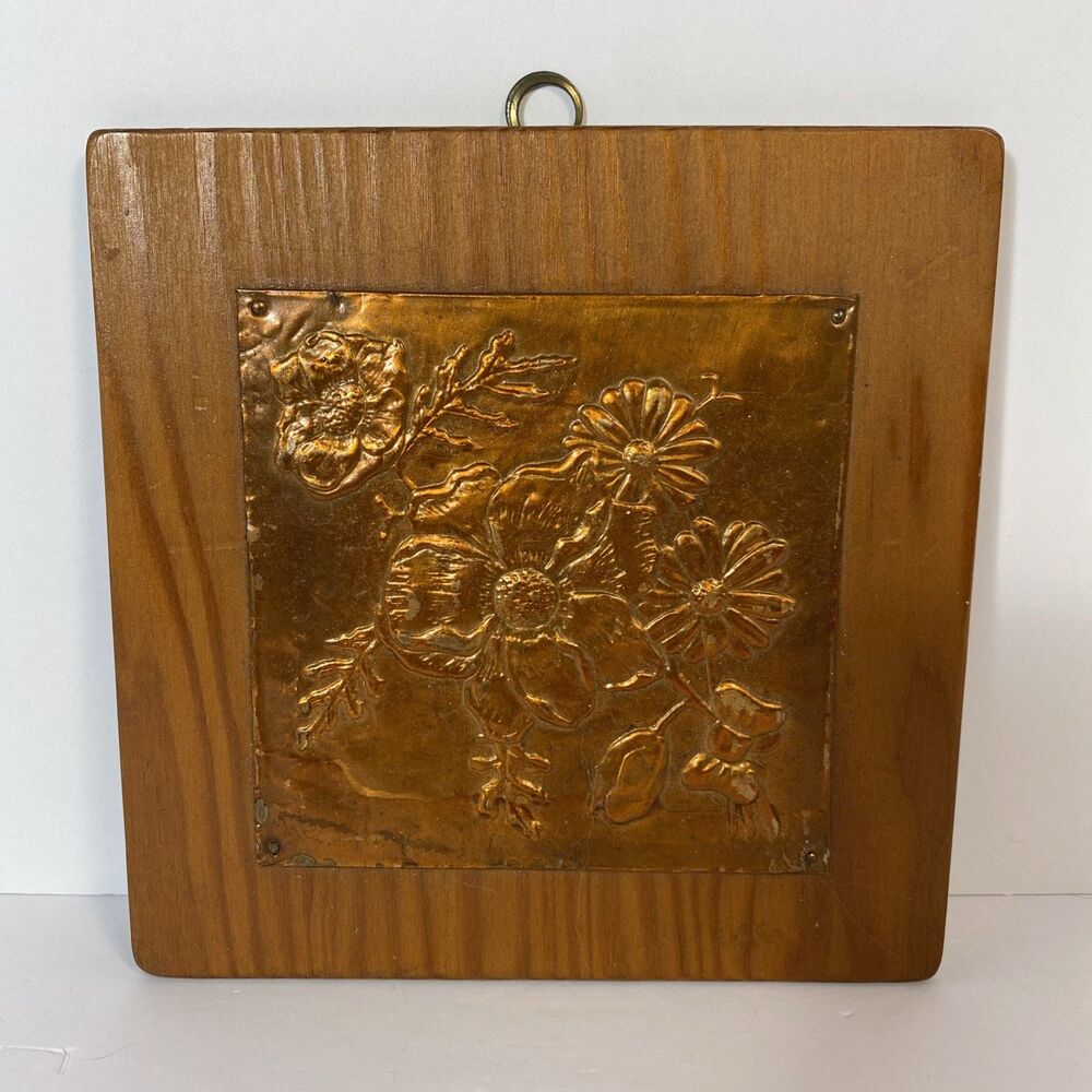 Vintage Handmade Copper Repousse Floral Wall Plaque on Wood 6" Folk Art